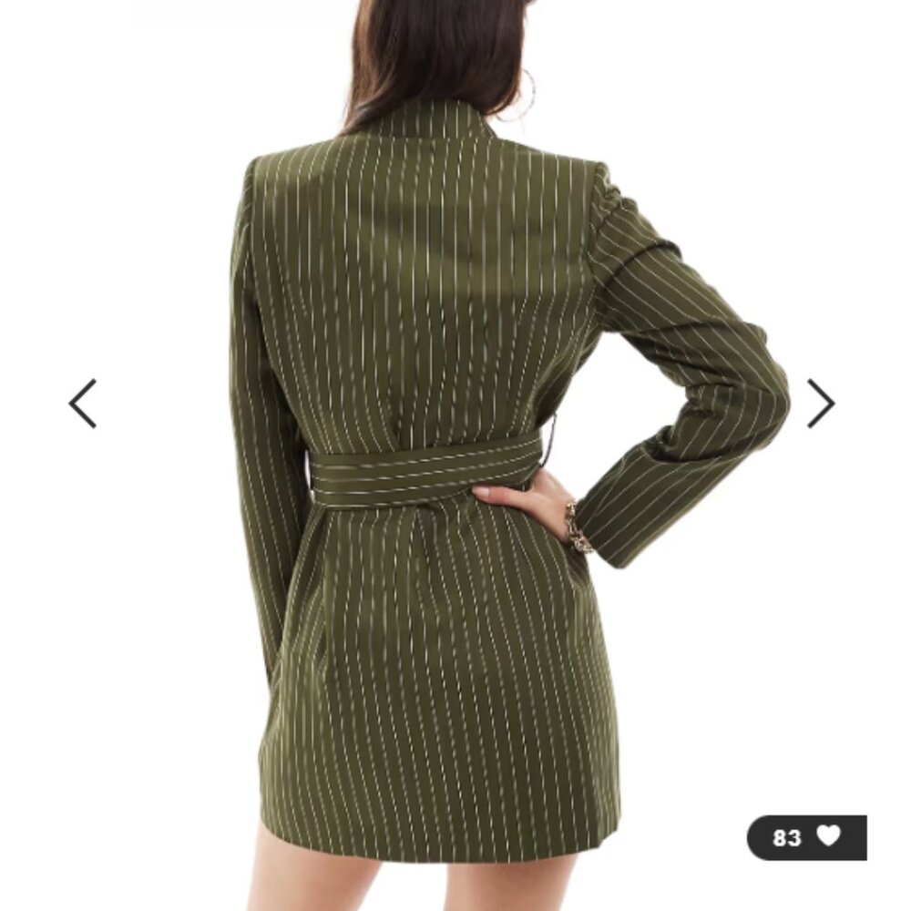 💜 NWT Extro & Vert Belted Mini Blazer Dress (Green w/ Khaki Stripes) - Picture 3 of 7